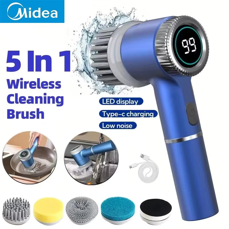 Electric Spin Scrubber Cleaning Brush Multifunctional with 5 Replaceable Brush Head Led Display Kitchen Toilet Cleanbrush - pluxora