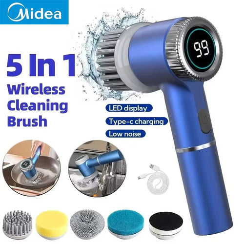 Electric Spin Scrubber Cleaning Brush Multifunctional with 5 Replaceable Brush Head Led Display Kitchen Toilet Cleanbrush - pluxora