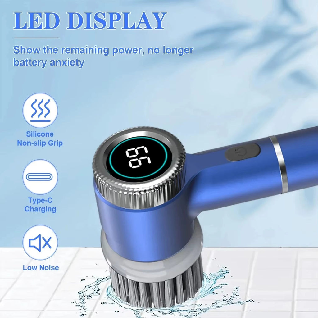 Electric Spin Scrubber Cleaning Brush Multifunctional with 5 Replaceable Brush Head Led Display Kitchen Toilet Cleanbrush - pluxora