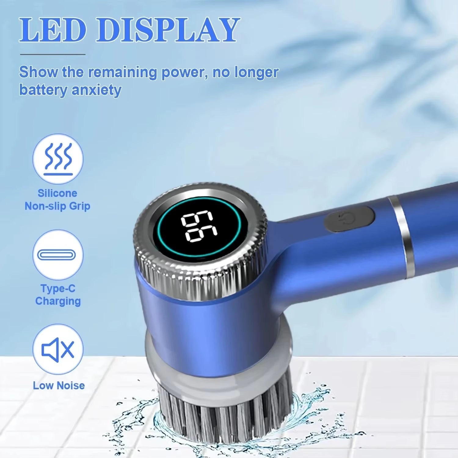 Electric Spin Scrubber Cleaning Brush Multifunctional with 5 Replaceable Brush Head Led Display Kitchen Toilet Cleanbrush - pluxora