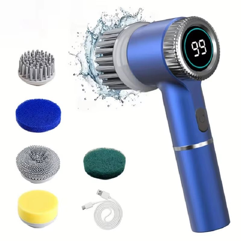 Electric Spin Scrubber Cleaning Brush Multifunctional with 5 Replaceable Brush Head Led Display Kitchen Toilet Cleanbrush - pluxora