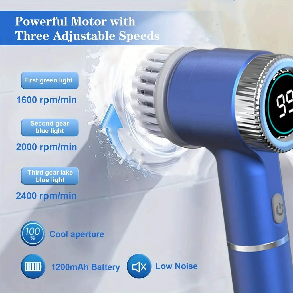 Electric Spin Scrubber Cleaning Brush Multifunctional with 5 Replaceable Brush Head Led Display Kitchen Toilet Cleanbrush - pluxora