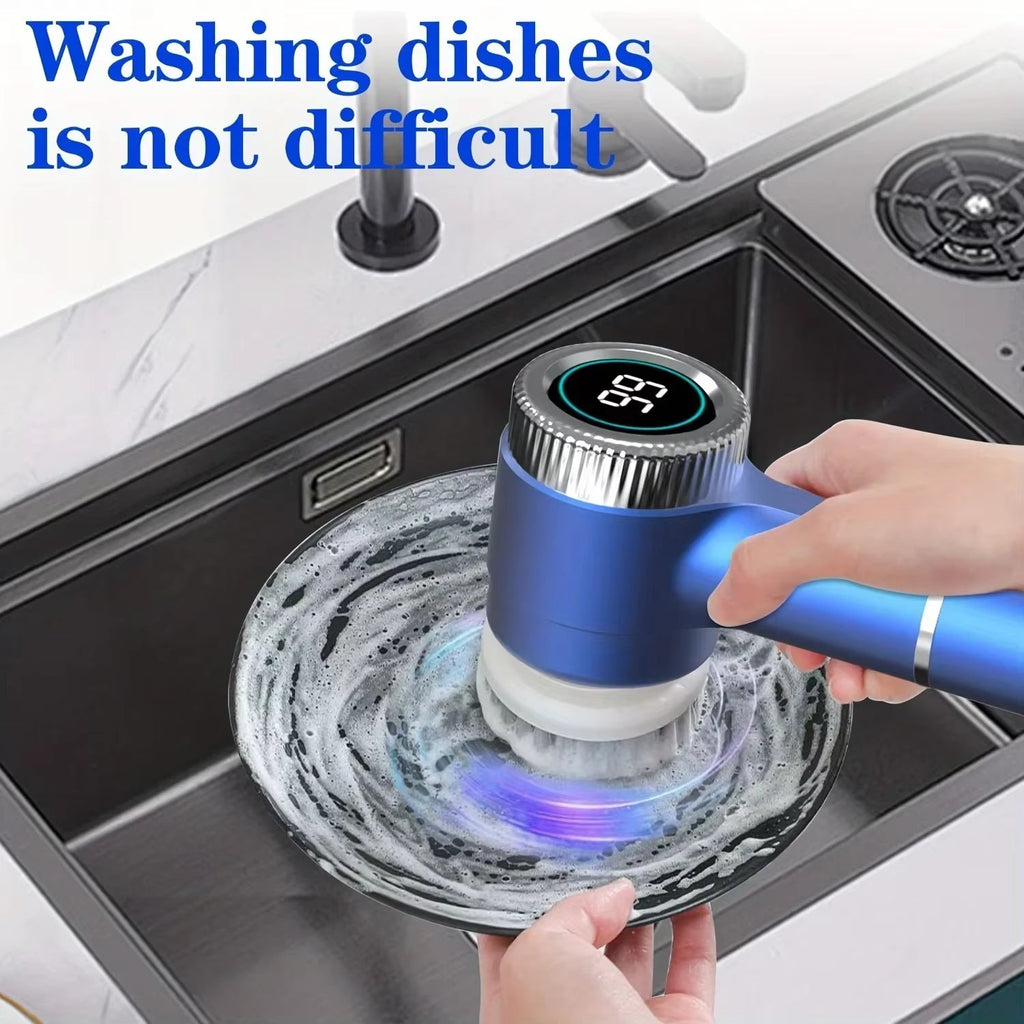 Electric Spin Scrubber Cleaning Brush Multifunctional with 5 Replaceable Brush Head Led Display Kitchen Toilet Cleanbrush - pluxora