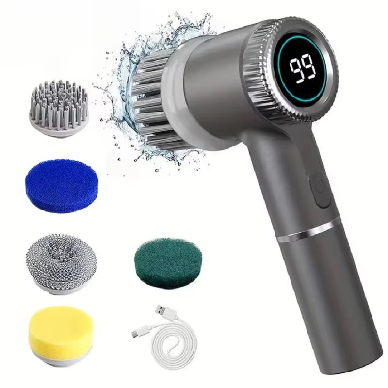 Electric Spin Scrubber Cleaning Brush Multifunctional with 5 Replaceable Brush Head Led Display Kitchen Toilet Cleanbrush - pluxora