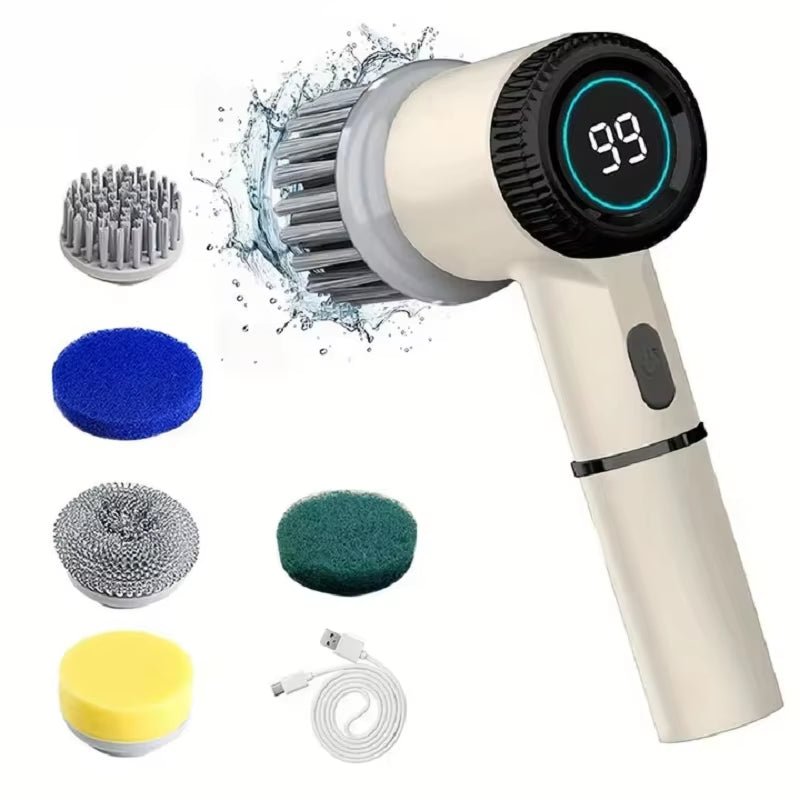 Electric Spin Scrubber Cleaning Brush Multifunctional with 5 Replaceable Brush Head Led Display Kitchen Toilet Cleanbrush - pluxora