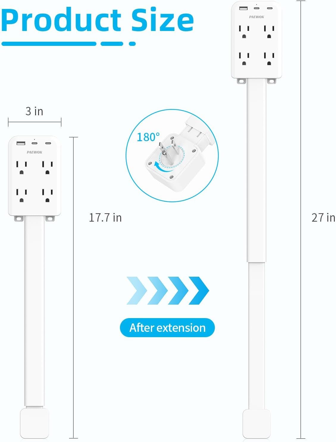 Electrical Outlet Extender Stick with USB Ports(2 USB C), 180° Rotating Extendable Wall Plug with 4 AC Outlet, Adjustable 17.7" - 27" Extendable Power Strip Stick for behind Couch, Desk and Bed - pluxora