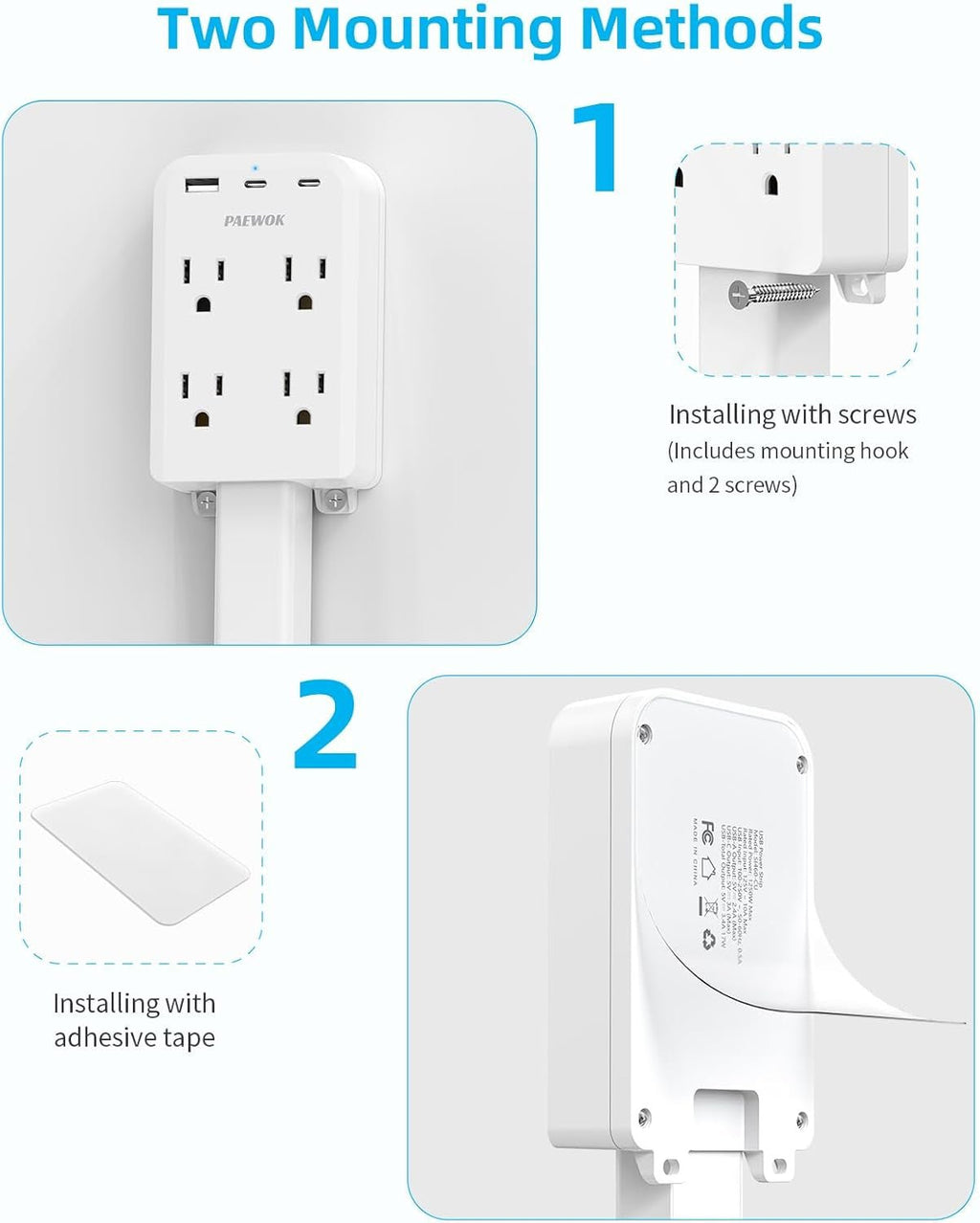 Electrical Outlet Extender Stick with USB Ports(2 USB C), 180° Rotating Extendable Wall Plug with 4 AC Outlet, Adjustable 17.7" - 27" Extendable Power Strip Stick for behind Couch, Desk and Bed - pluxora