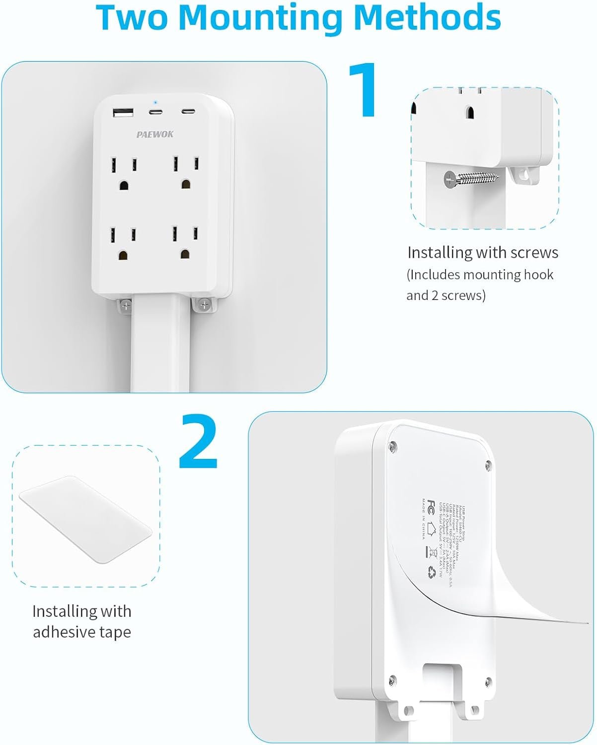 Electrical Outlet Extender Stick with USB Ports(2 USB C), 180° Rotating Extendable Wall Plug with 4 AC Outlet, Adjustable 17.7" - 27" Extendable Power Strip Stick for behind Couch, Desk and Bed - pluxora