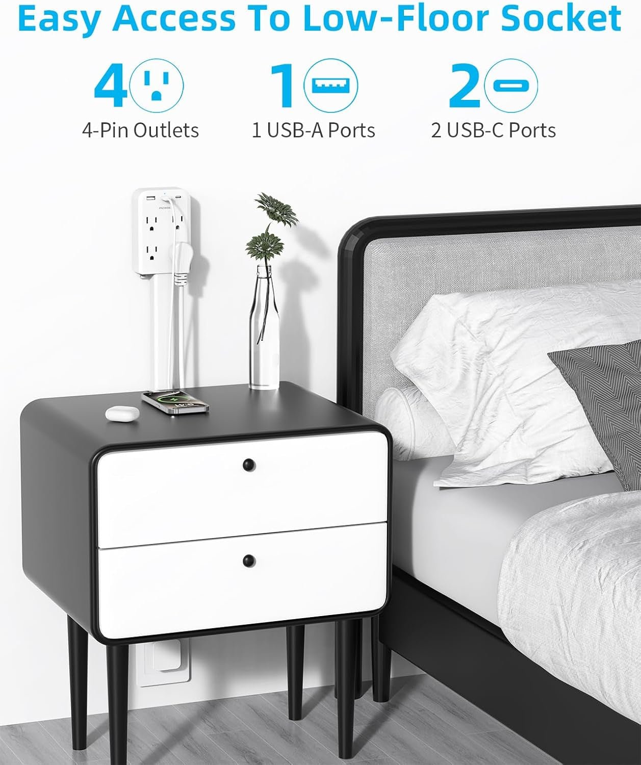 Electrical Outlet Extender Stick with USB Ports(2 USB C), 180° Rotating Extendable Wall Plug with 4 AC Outlet, Adjustable 17.7" - 27" Extendable Power Strip Stick for behind Couch, Desk and Bed - pluxora