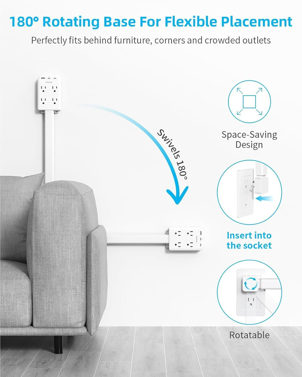 Electrical Outlet Extender Stick with USB Ports(2 USB C), 180° Rotating Extendable Wall Plug with 4 AC Outlet, Adjustable 17.7" - 27" Extendable Power Strip Stick for behind Couch, Desk and Bed - pluxora
