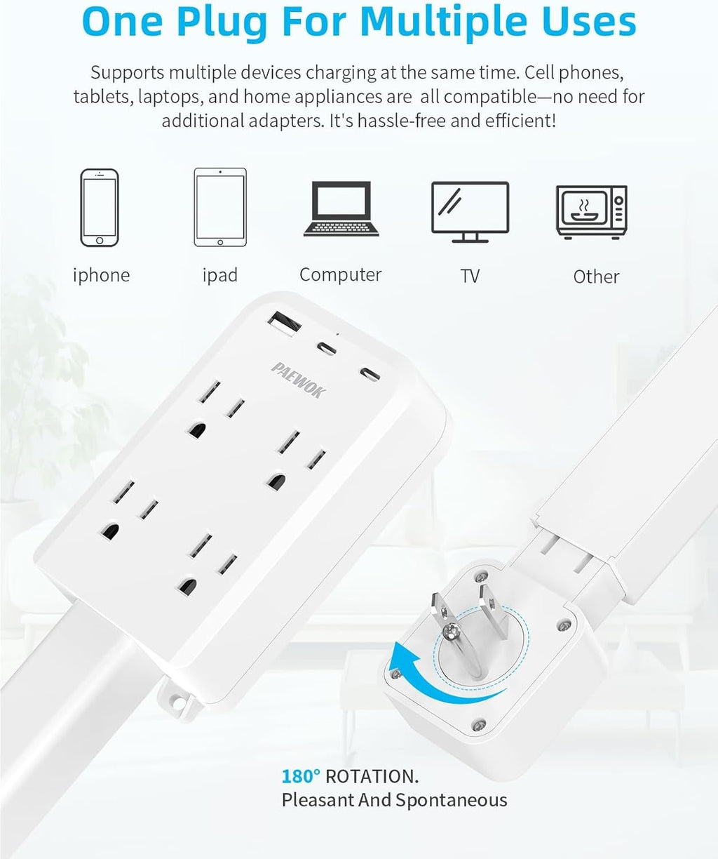 Electrical Outlet Extender Stick with USB Ports(2 USB C), 180° Rotating Extendable Wall Plug with 4 AC Outlet, Adjustable 17.7" - 27" Extendable Power Strip Stick for behind Couch, Desk and Bed - pluxora