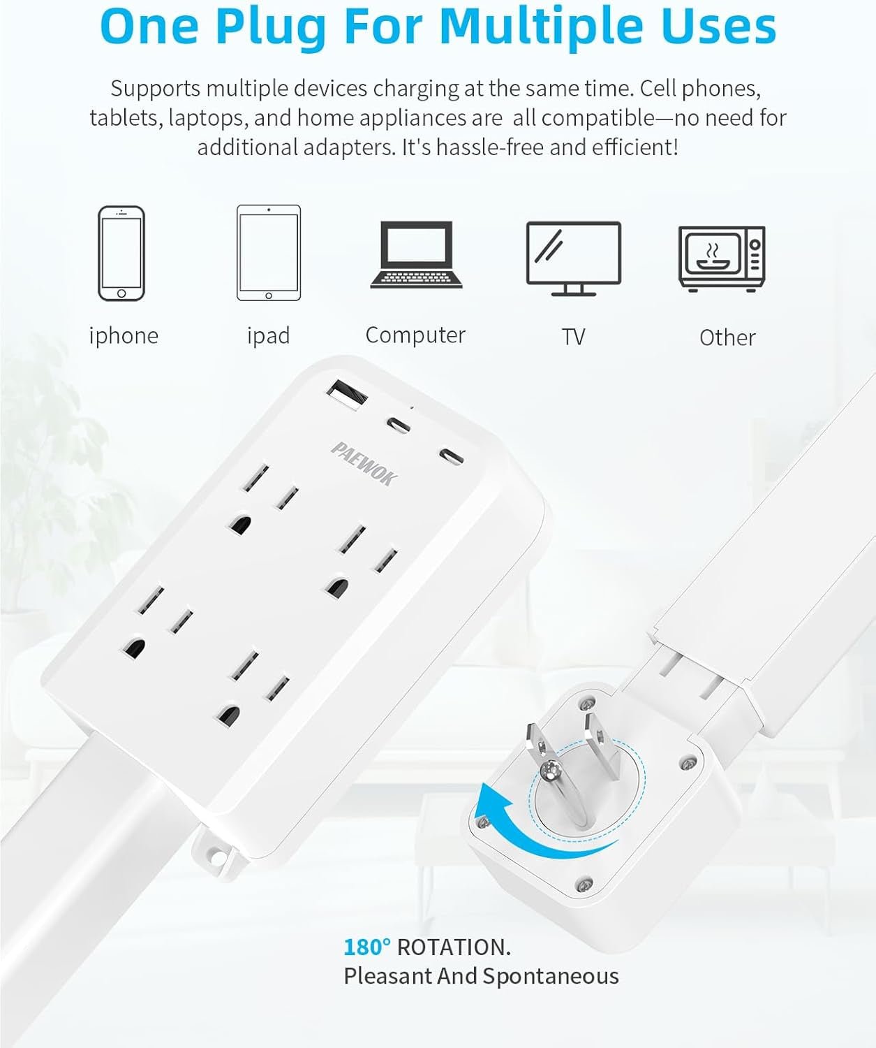 Electrical Outlet Extender Stick with USB Ports(2 USB C), 180° Rotating Extendable Wall Plug with 4 AC Outlet, Adjustable 17.7" - 27" Extendable Power Strip Stick for behind Couch, Desk and Bed - pluxora