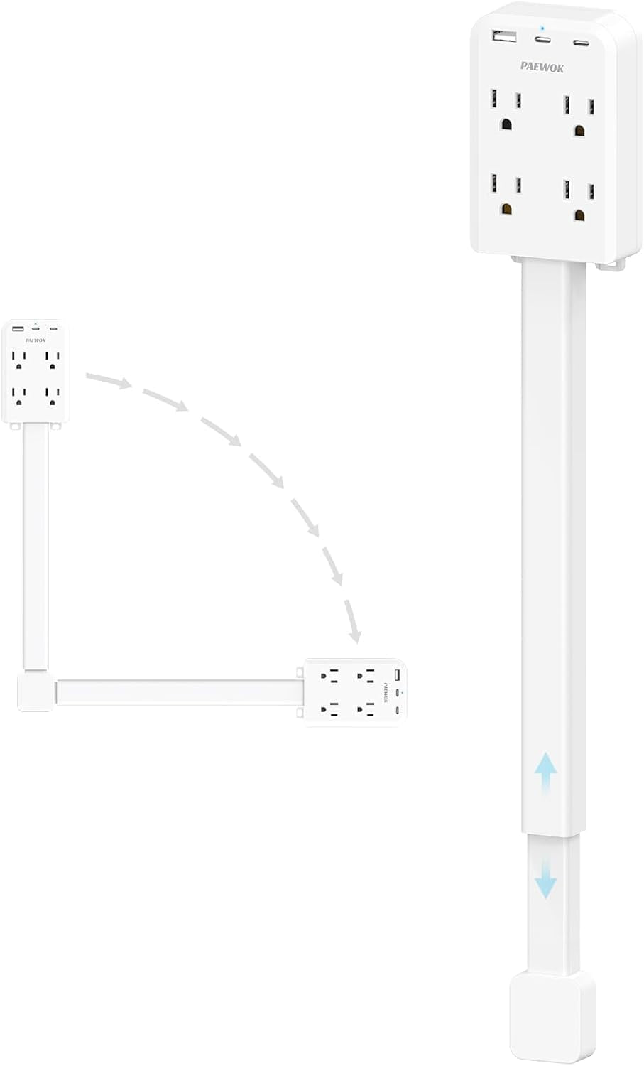 Electrical Outlet Extender Stick with USB Ports(2 USB C), 180° Rotating Extendable Wall Plug with 4 AC Outlet, Adjustable 17.7" - 27" Extendable Power Strip Stick for behind Couch, Desk and Bed - pluxora